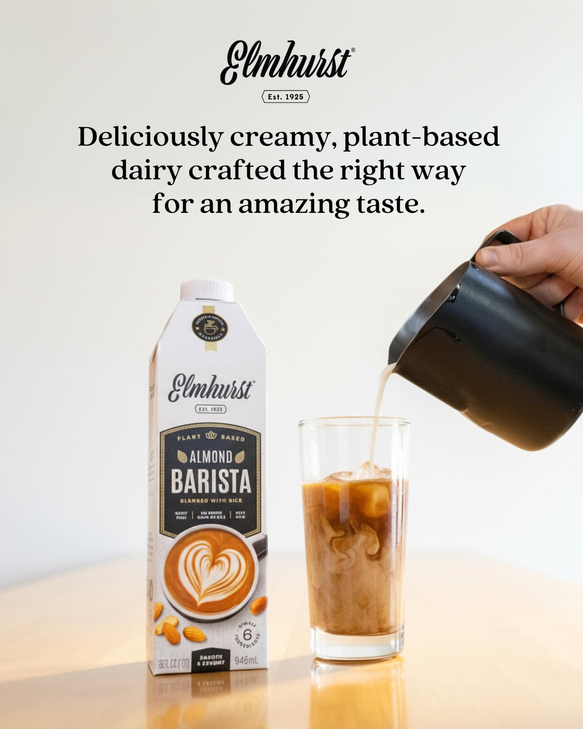 Pouring over ice yields smooth, dairy-free texture with Elmhurst Barista Edition.