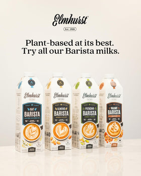 Kitchen scene showcasing simple, clean ingredients from Elmhurst Almond Milk.