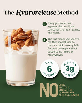Steamed almond milk latte with Elmhurst Barista Edition for creamy texture.