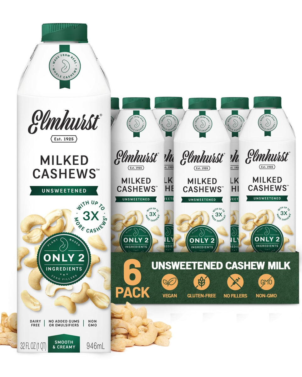 Elmhurst 1925 cashew milk unsweetened bottle front highlighting clean ingredients