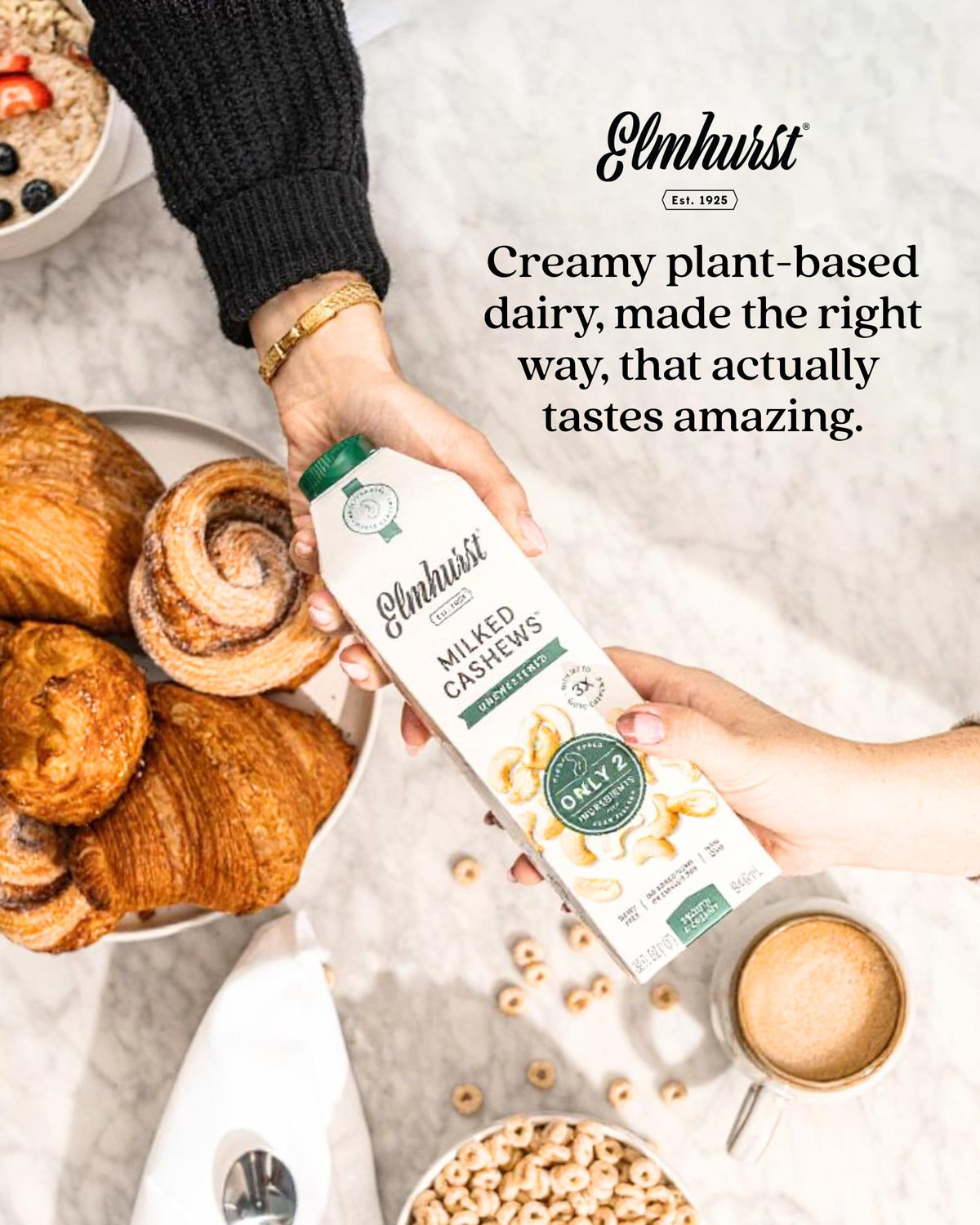 Coffee with Elmhurst cashew milk unsweetened for creamy dairy-free texture