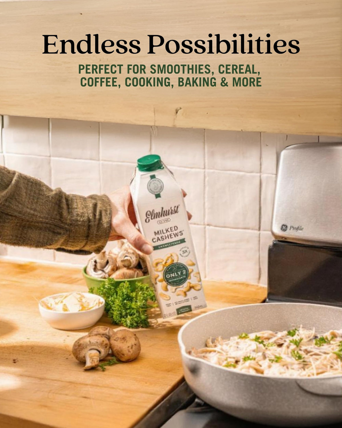 Six pack on pantry shelf Elmhurst cashew milk unsweetened
