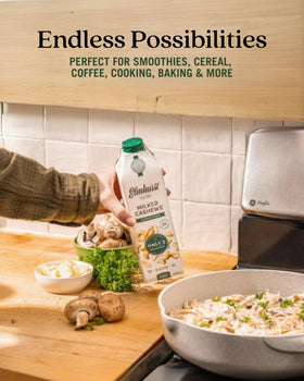 Six pack on pantry shelf Elmhurst cashew milk unsweetened