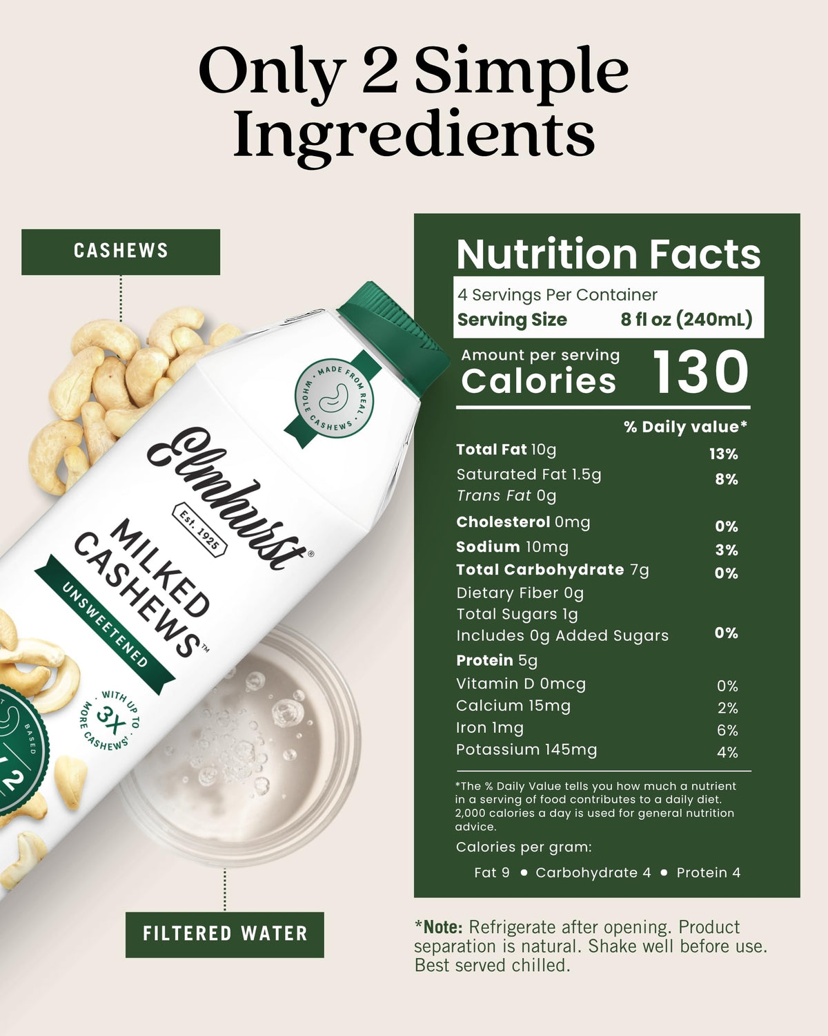 Pour of Elmhurst cashew milk unsweetened into a glass for coffee or cereal