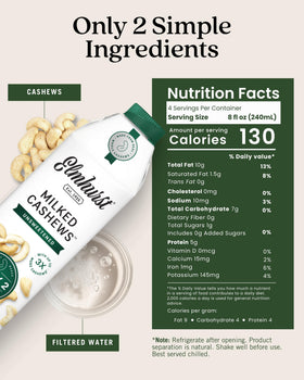 Pour of Elmhurst cashew milk unsweetened into a glass for coffee or cereal