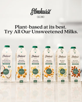 Smoothie poured with Elmhurst cashew milk unsweetened