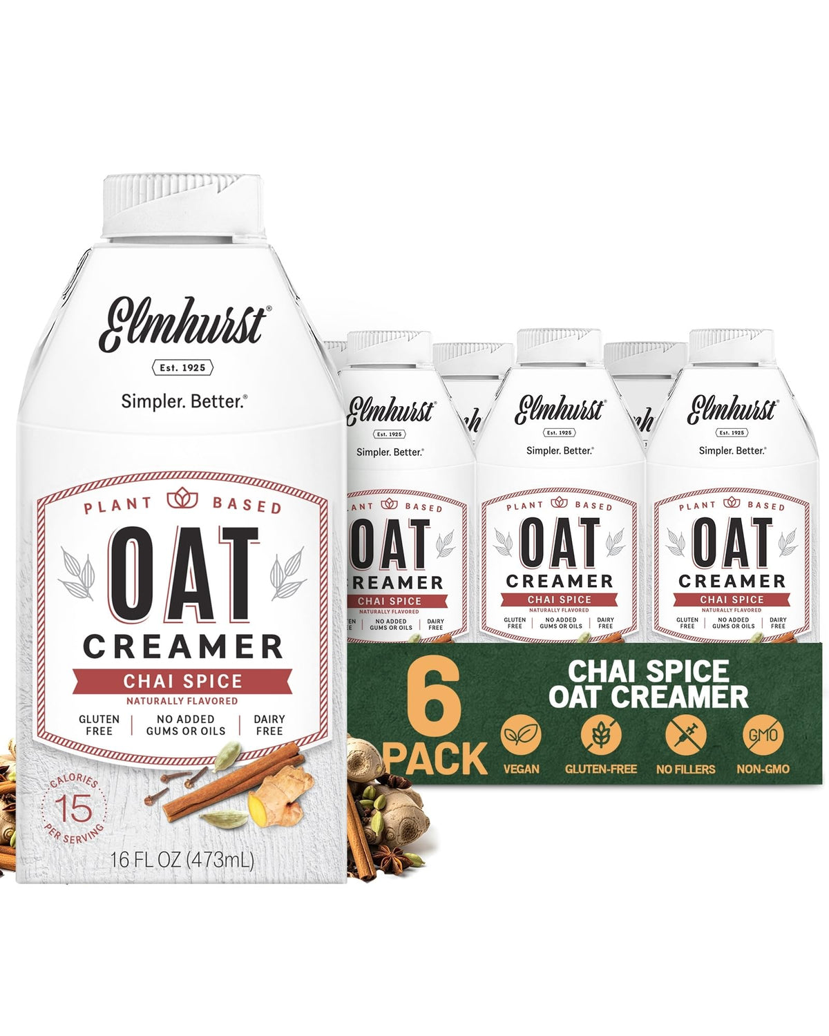 Elmhurst 1925 chai spice oat creamer pack shot for a dairy-free coffee
