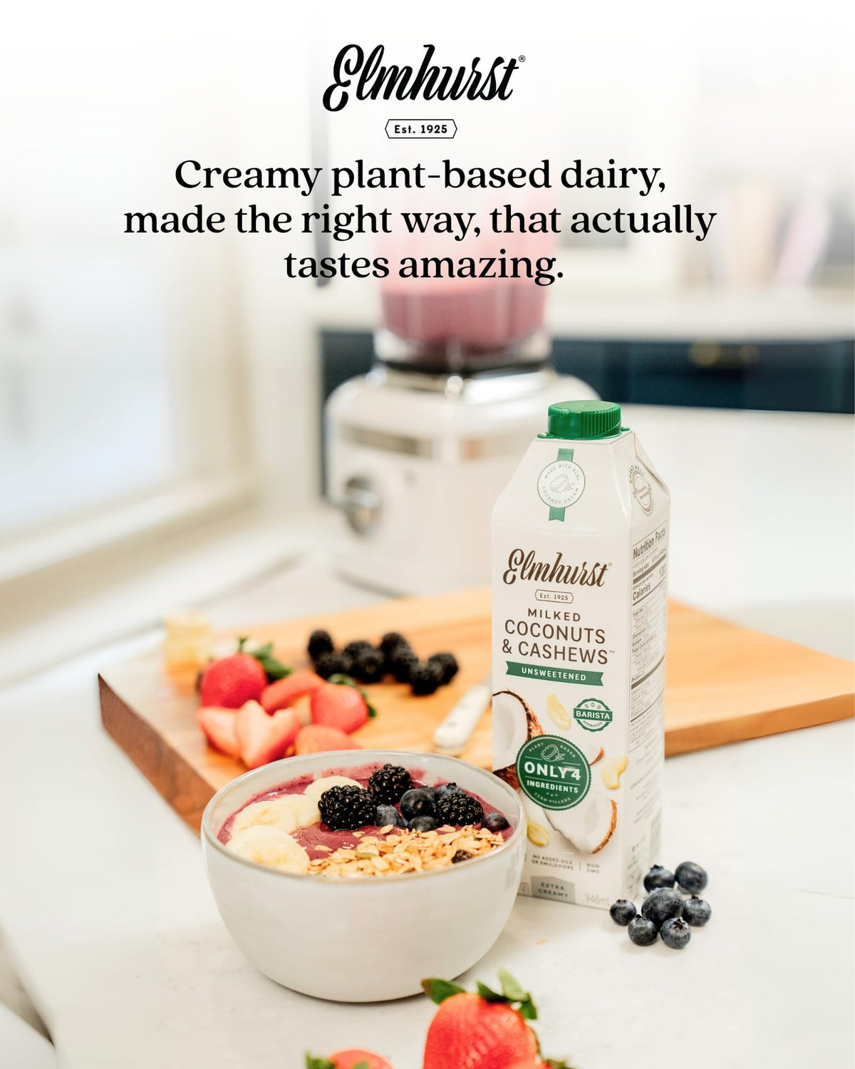 Cereal bowl with Elmhurst coconut cashew milk, showcasing versatile breakfast option.