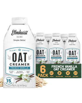 Elmhurst 1925 French Vanilla Oat Creamer bottle on a cup, creamy vanilla flavor
