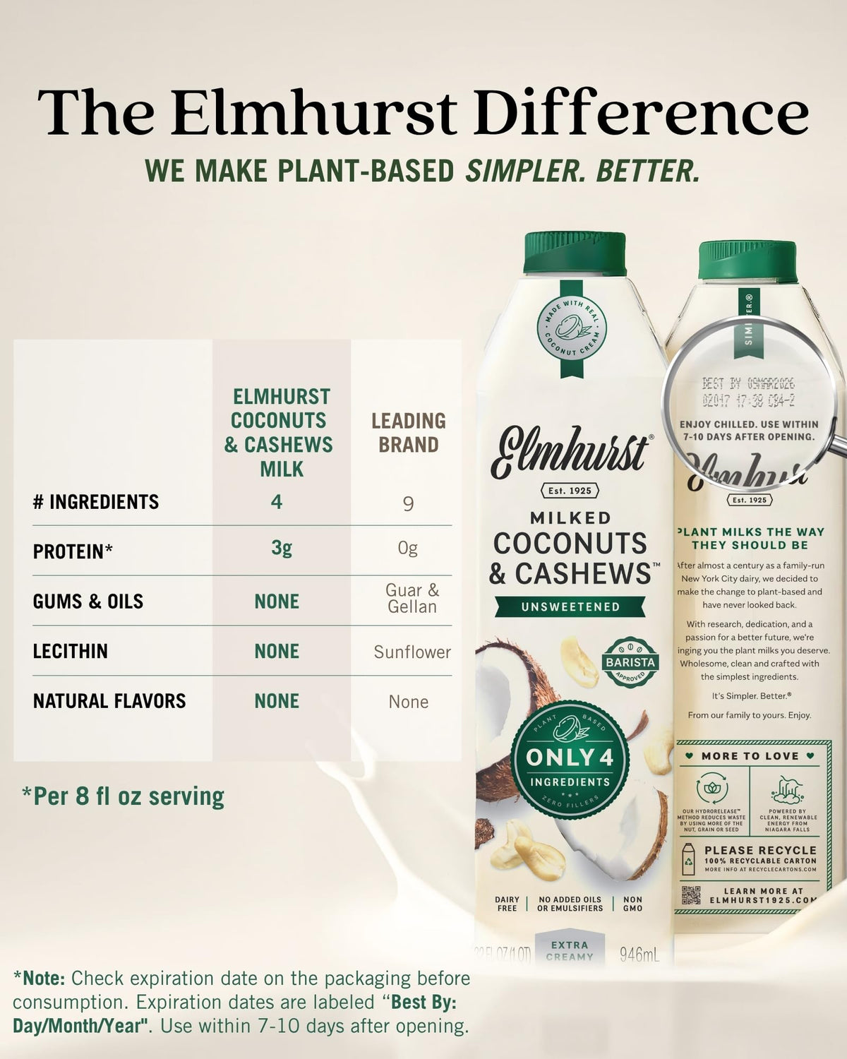 Ingredients list featuring coconut cream and cashews as basis for Elmhurst milk.