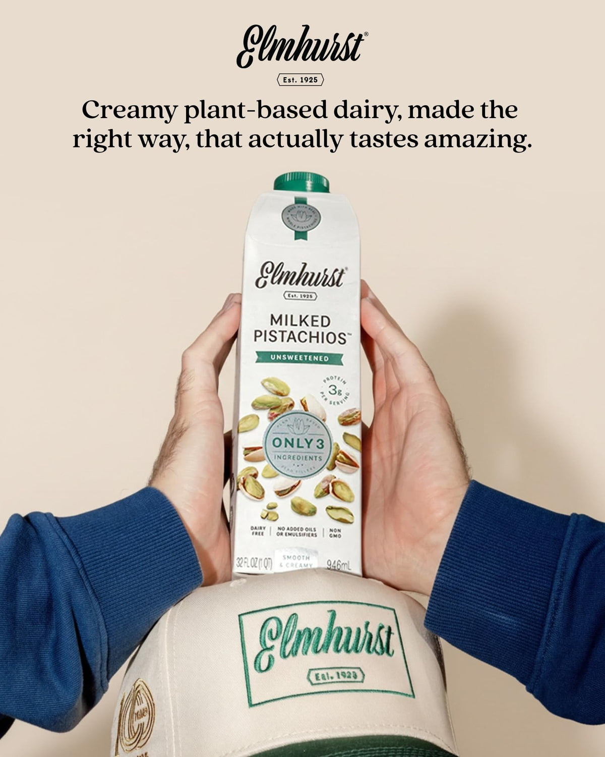Elmhurst 1925 pistachio milk carton on shelf signaling shelf-stable plant milk