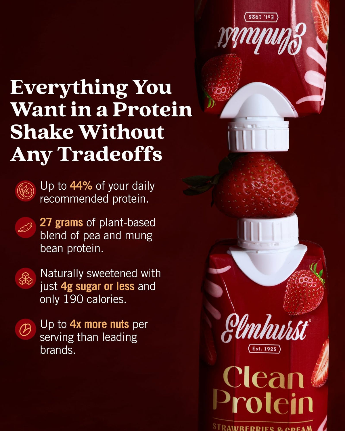 Elmhurst 1925 protein blend with cashews and pistachios for plant-based nutrition.
