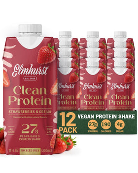 Elmhurst 1925 Strawberry and Cream shake bottle showing plant-based protein for on-the-go fueling.