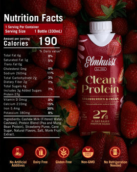 Elmhurst 1925 Strawberry and Cream shake being poured for a quick post-workout recovery.