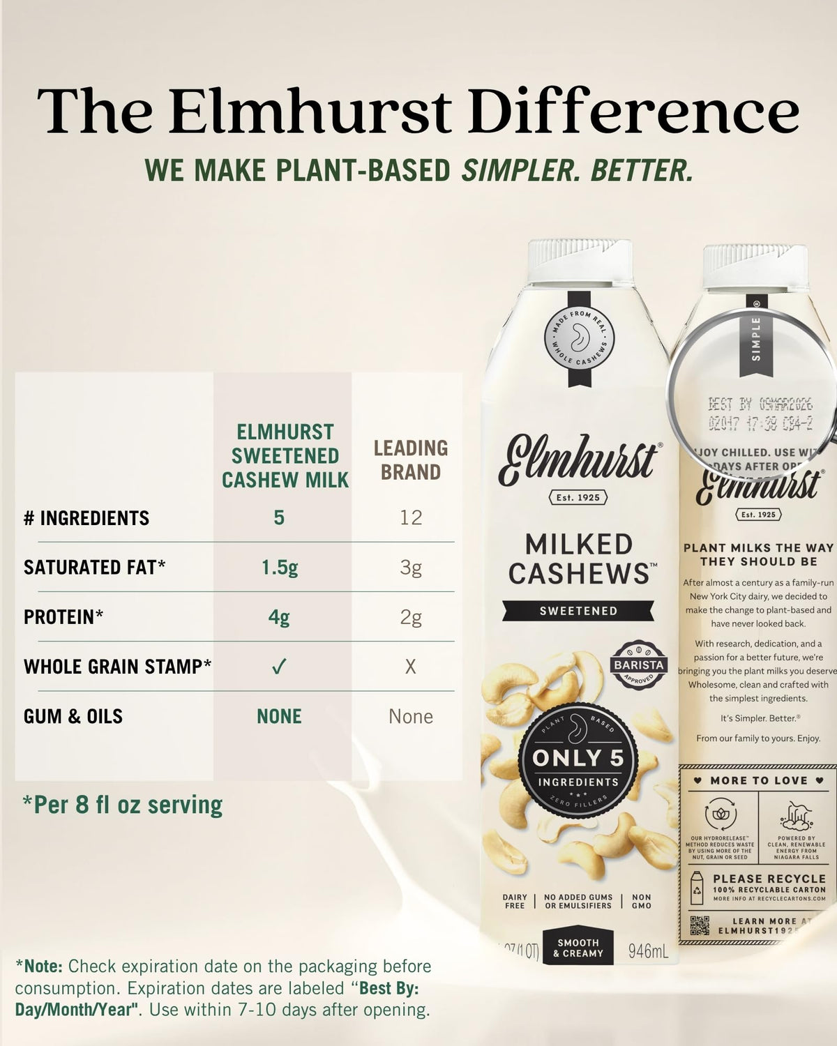 Elmhurst 1925 Sweetened Cashew Milk used in baking and smoothies.