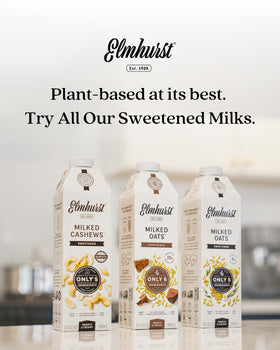 Elmhurst 1925 Sweetened Cashew Milk bottle highlights clean ingredients.
