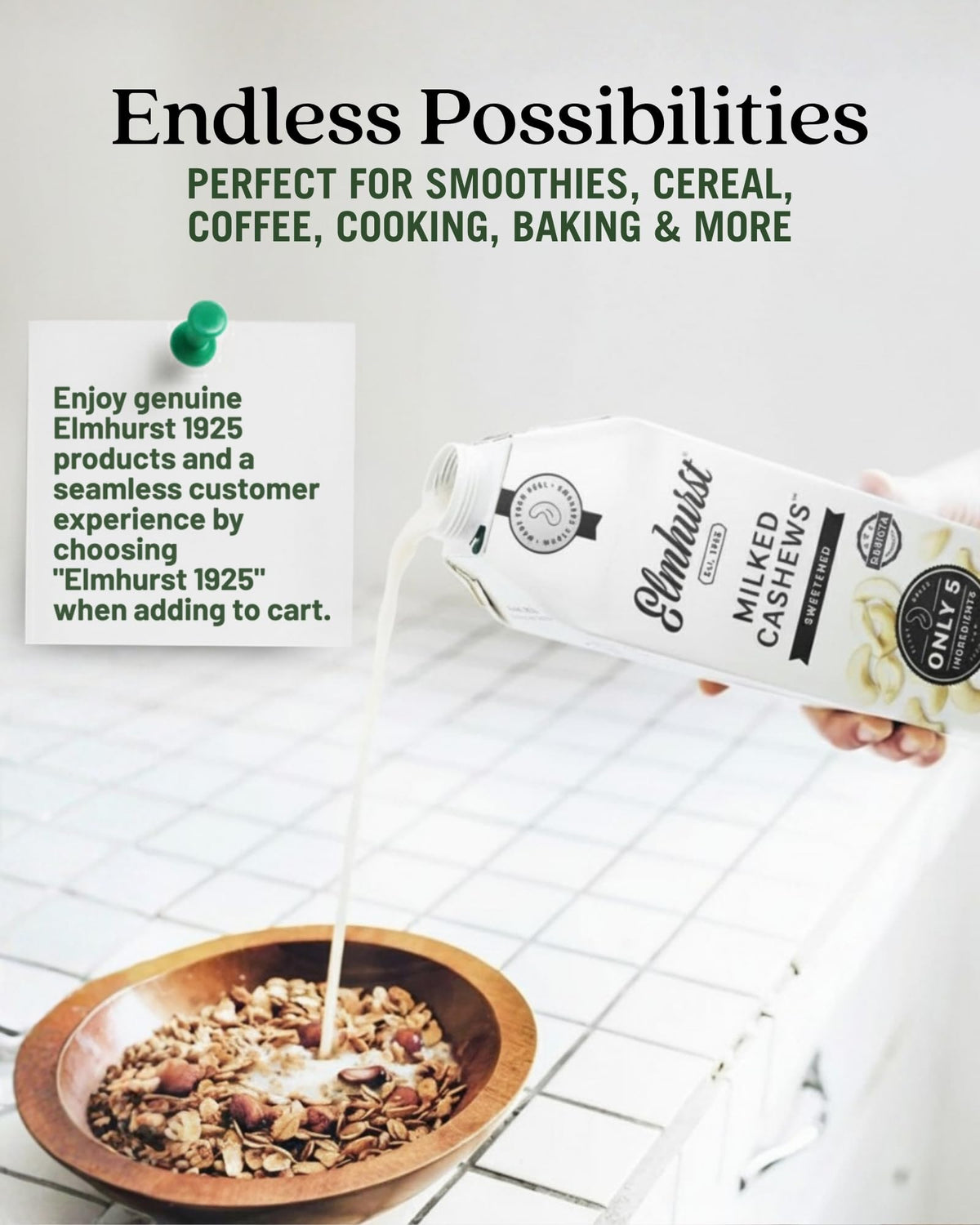 Elmhurst 1925 Sweetened Cashew Milk with cereal for breakfast.