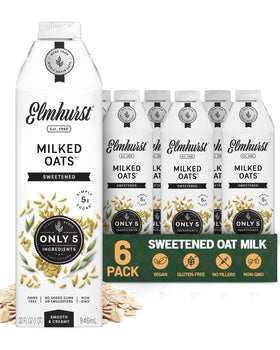 Elmhurst 1925 Sweetened Oat Milk carton, creamy pour for coffee and cereal.