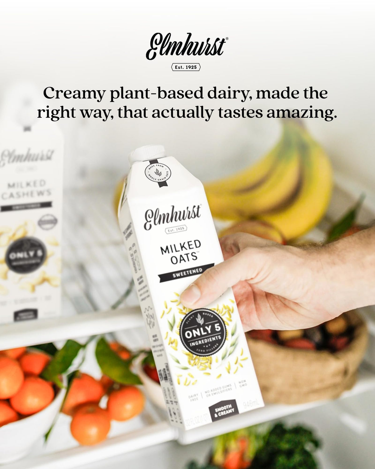Shelf-stable Elmhurst oat milk on pantry shelf for easy mornings.