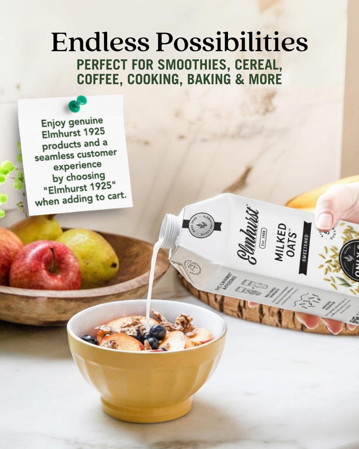 Pouring Elmhurst oat milk into a smoothie, rich texture.