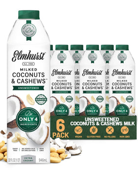 Elmhurst 1925 unsweetened coconut cashew milk bottle, showcasing clean ingredients for dairy-free living.