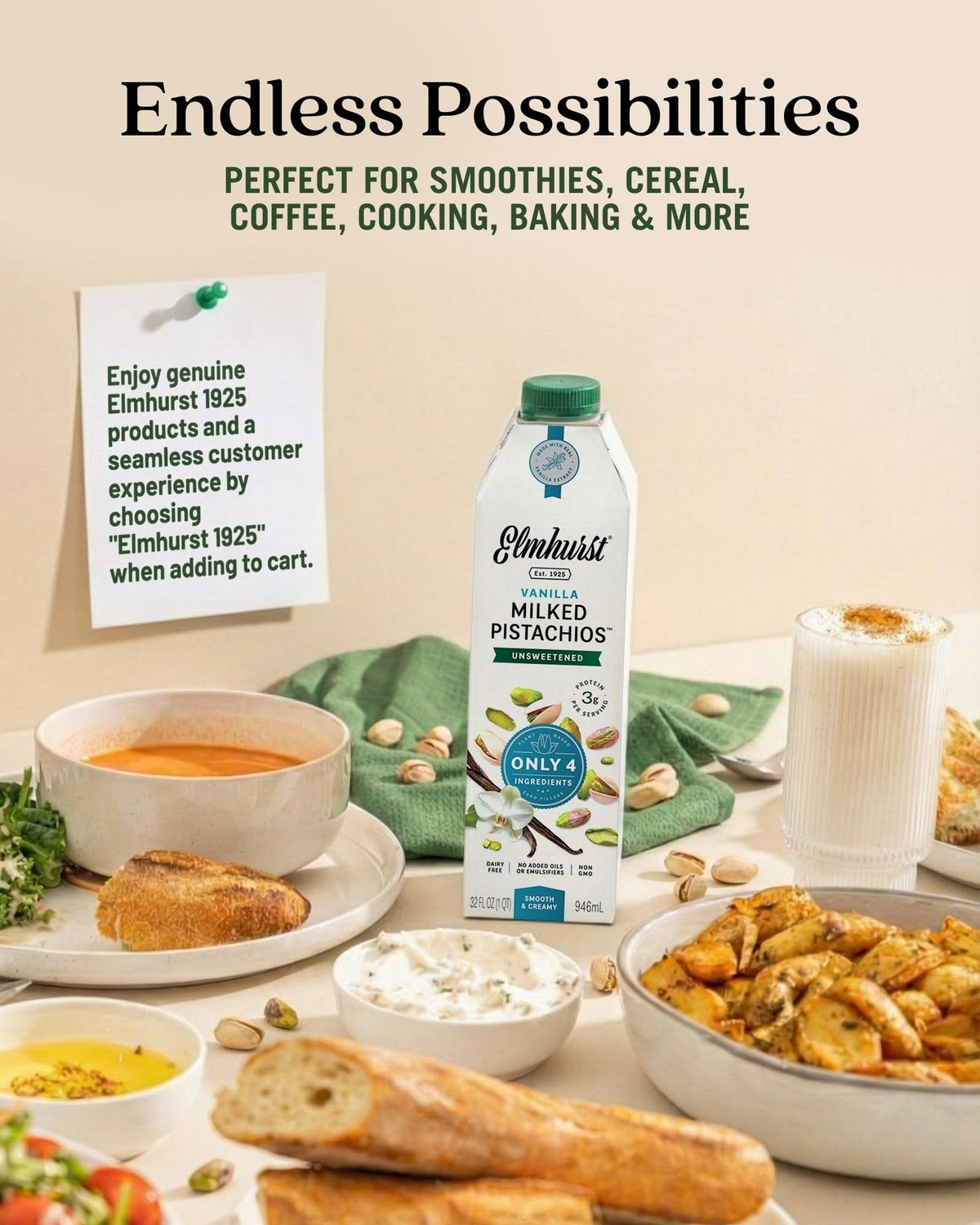 Elmhurst 1925 vanilla pistachio milk carton back with ingredients list and no gums