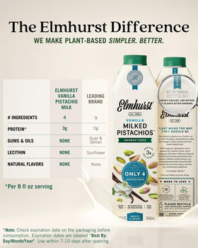 Elmhurst vanilla pistachio milk poured into a glass for coffee use