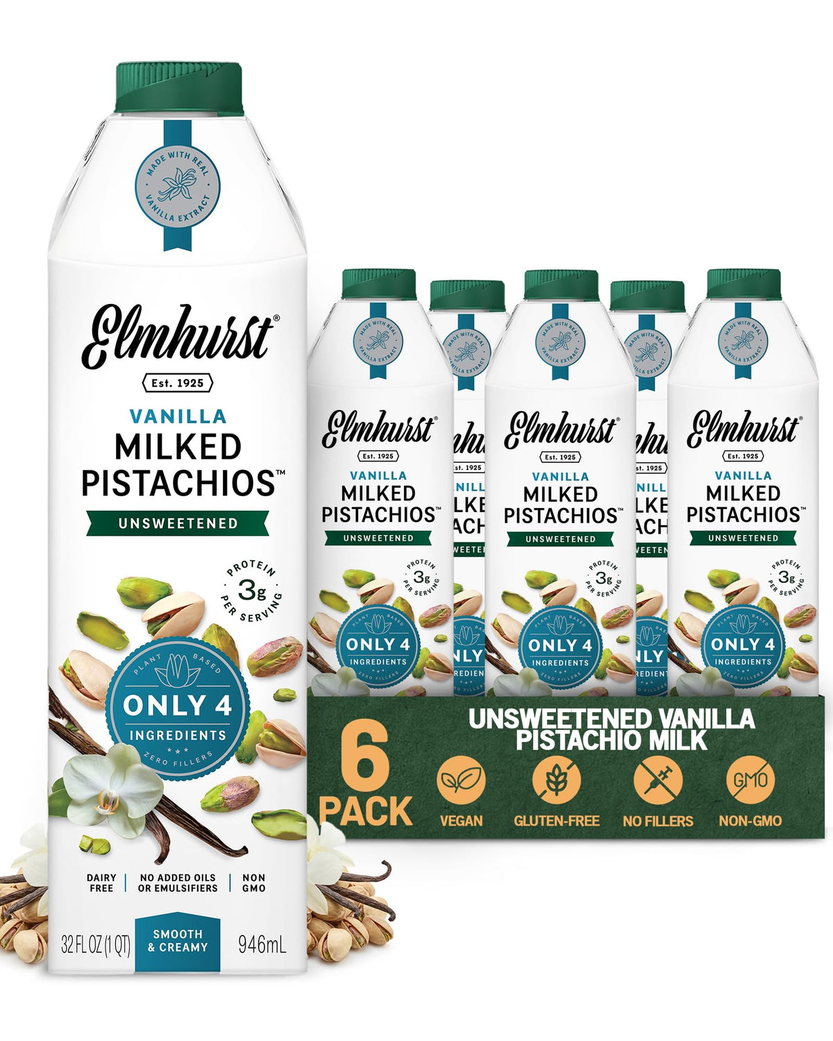 Elmhurst 1925 vanilla pistachio milk bottle front view, unsweetened and dairy-free
