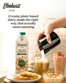 Cup of coffee with Elmhurst almond milk for a creamy, dairy-free finish