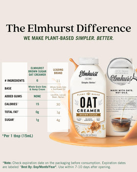 Elmhurst Brown Sugar Oat Creamer label closeup highlights hydrorelease processing