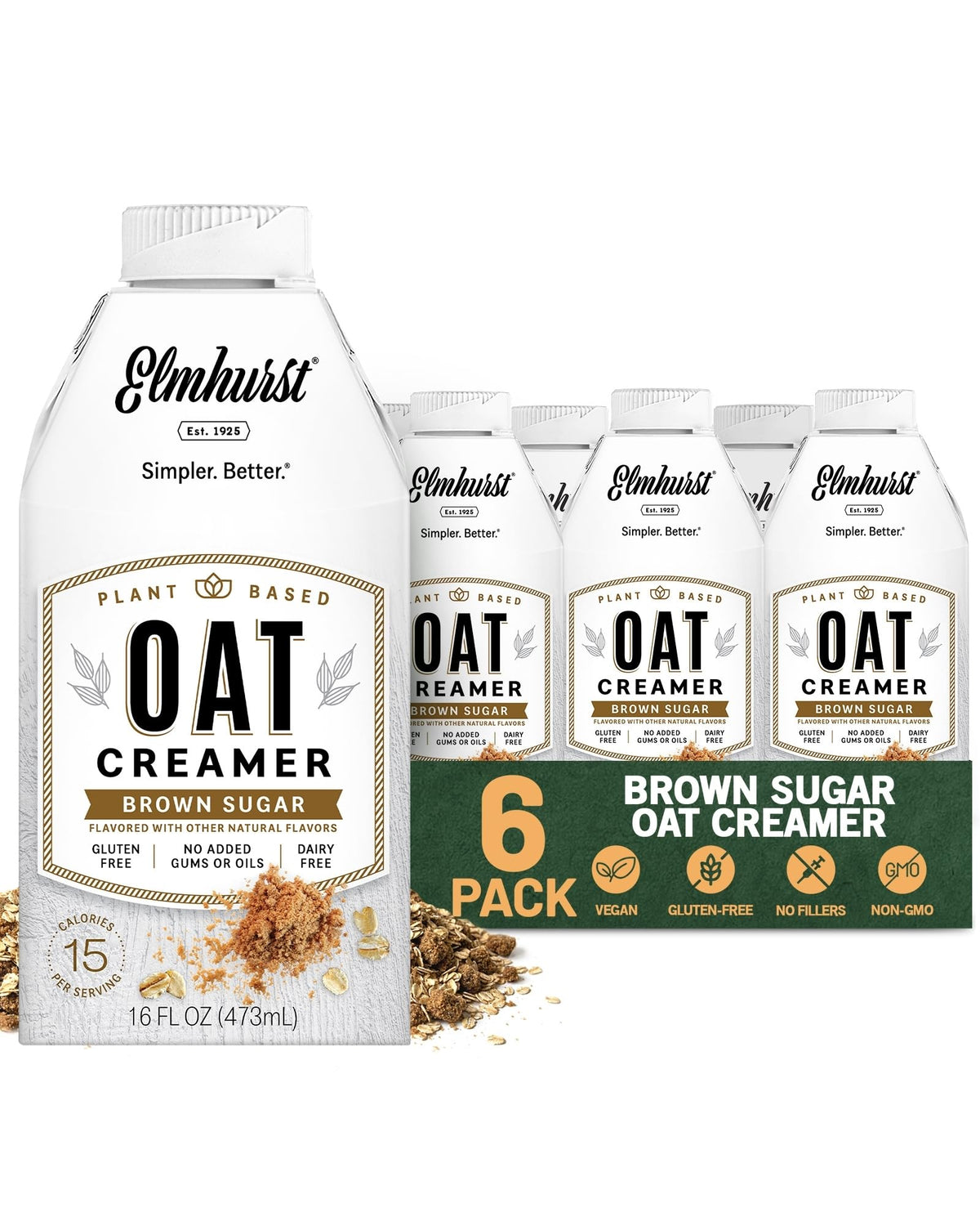 Elmhurst Brown Sugar Oat Creamer pack of six bottles adds smooth, dairy-free sweetness to coffee
