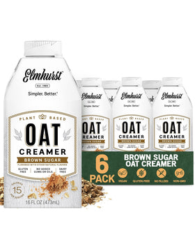 Elmhurst Brown Sugar Oat Creamer pack of six bottles adds smooth, dairy-free sweetness to coffee
