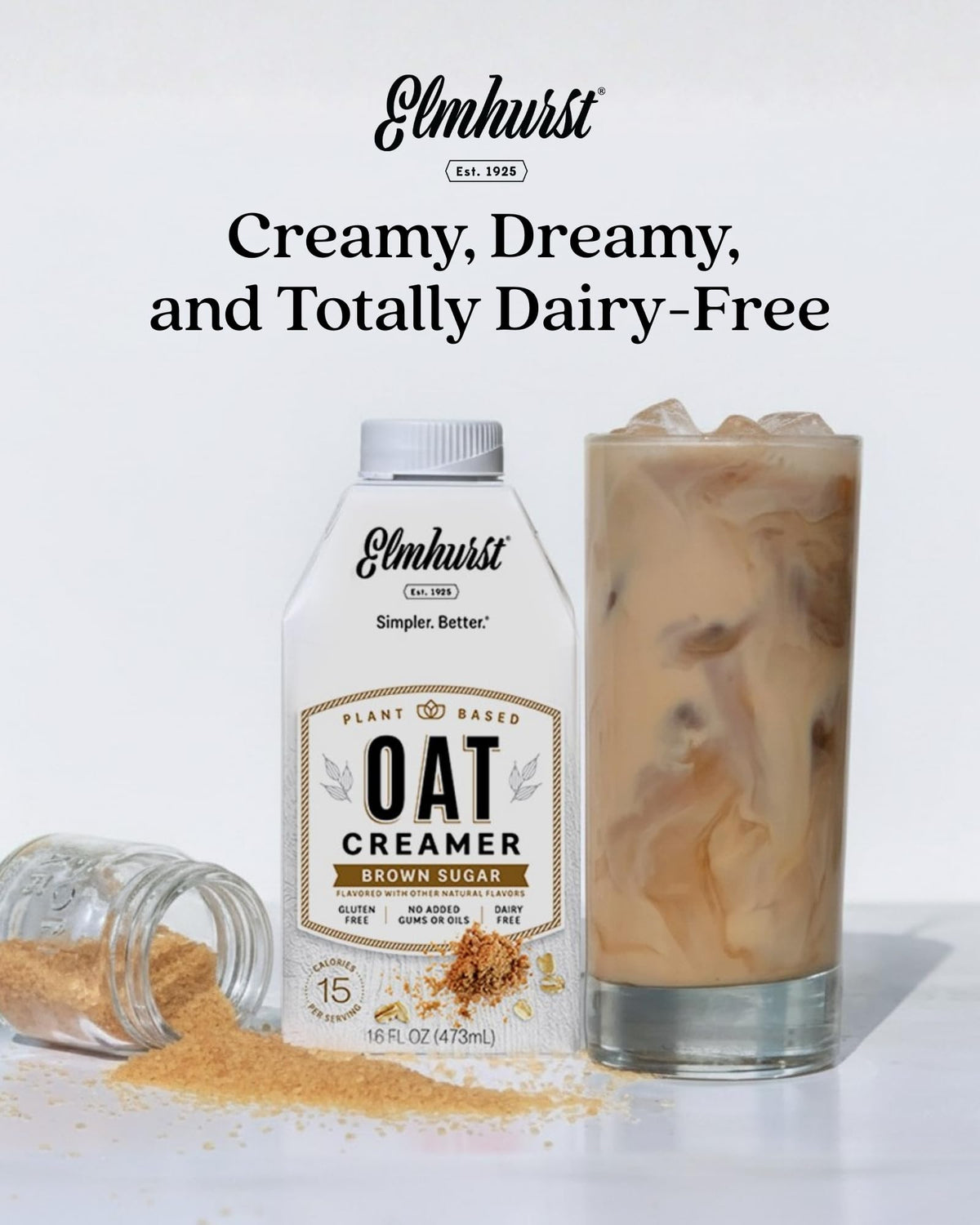 Elmhurst Brown Sugar Oat Creamer shelf-stable bottle sits on countertop ready to mix
