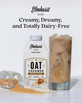 Elmhurst Brown Sugar Oat Creamer shelf-stable bottle sits on countertop ready to mix