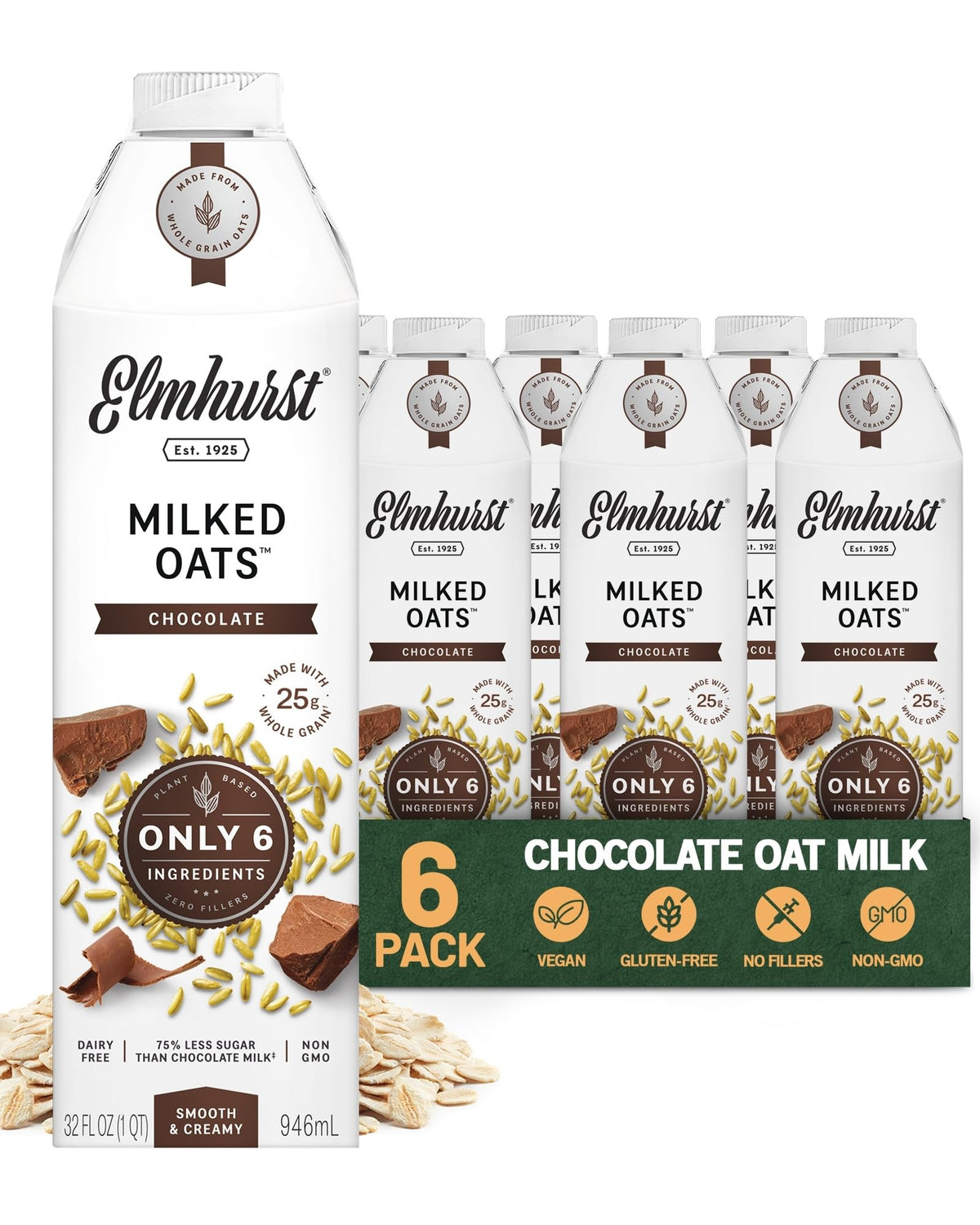 Elmhurst Chocolate Oat Milk bottle pour for a creamy dairy-free treat