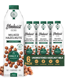 Elmhurst hazelnut milk 6 pack bottle showing simple ingredients and carton design