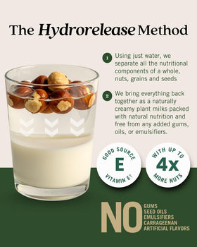 Glass of Elmhurst hazelnut milk unsweetened beside coffee cup