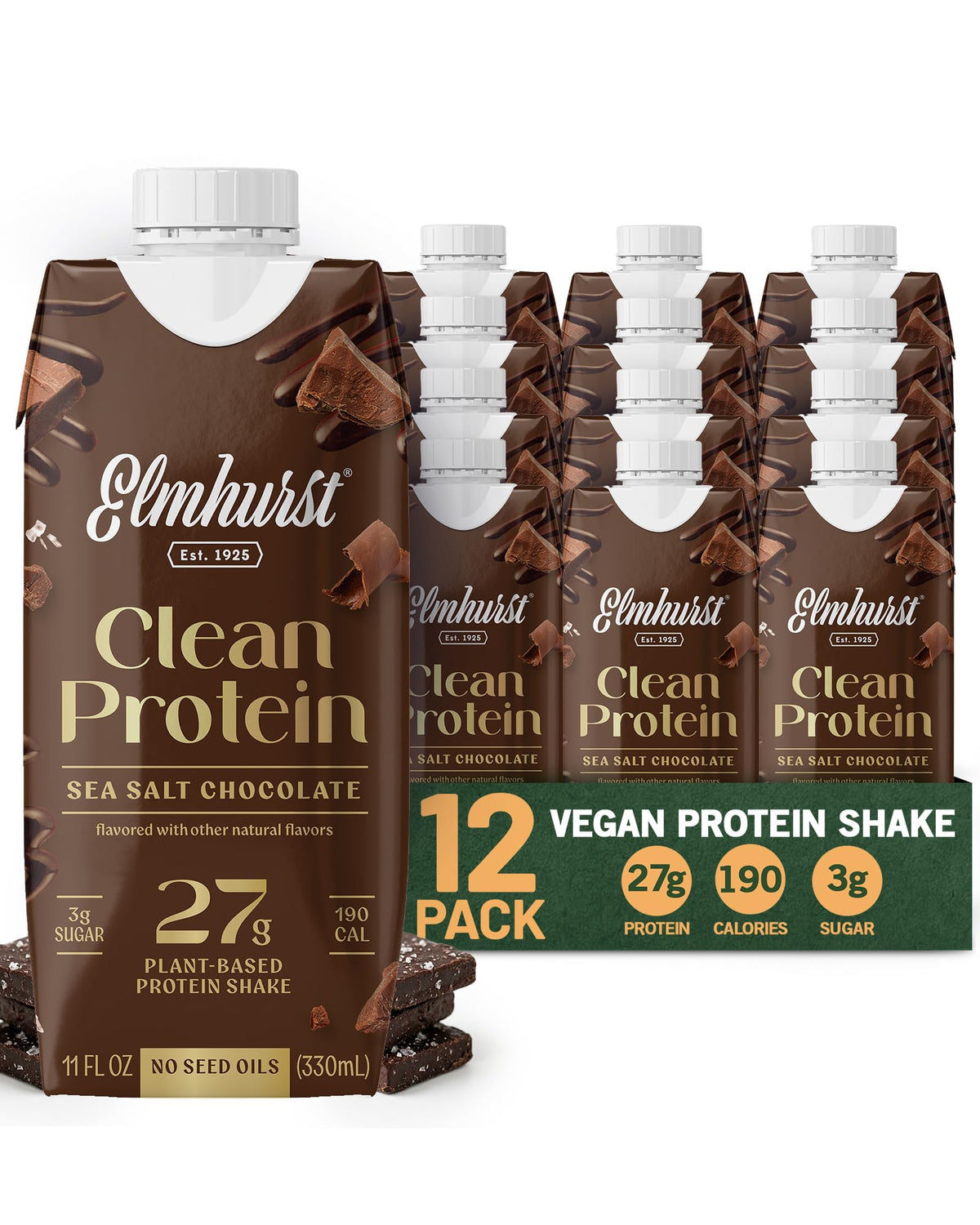 Elmhurst 1925 Sea Salt Chocolate protein shake bottle showcasing 27g plant-based protein