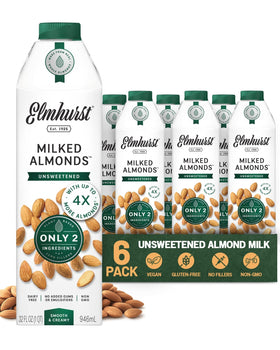 Elmhurst unsweetened almond milk bottle highlighting simple ingredients for dairy-free use