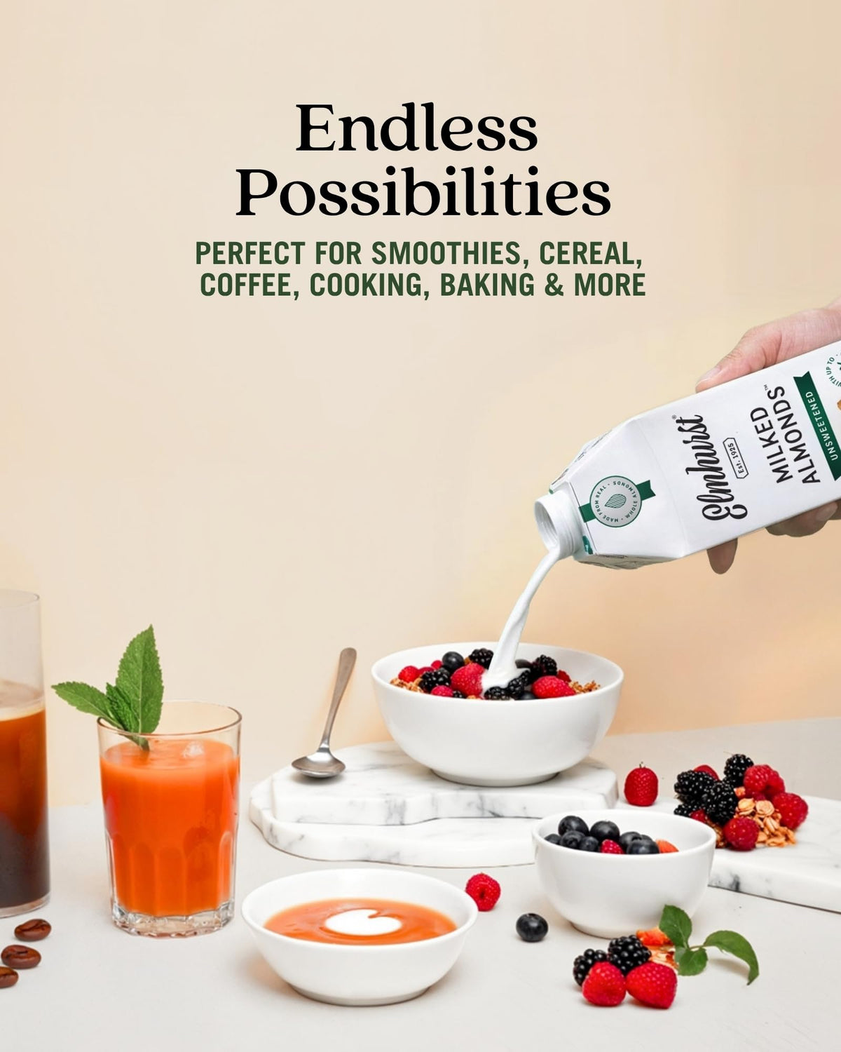 Elmhurst unsweetened almond milk label highlights no added sugar
