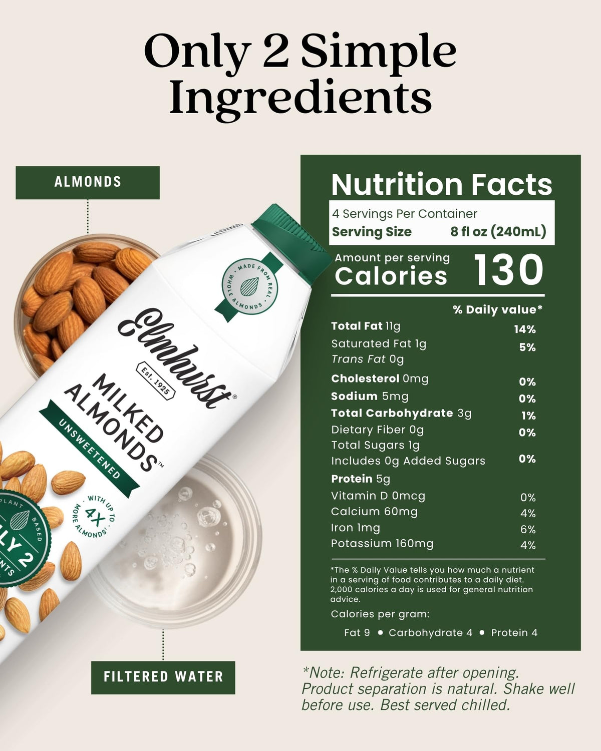 Elmhurst unsweetened almond milk poured into glass for coffee and smoothies