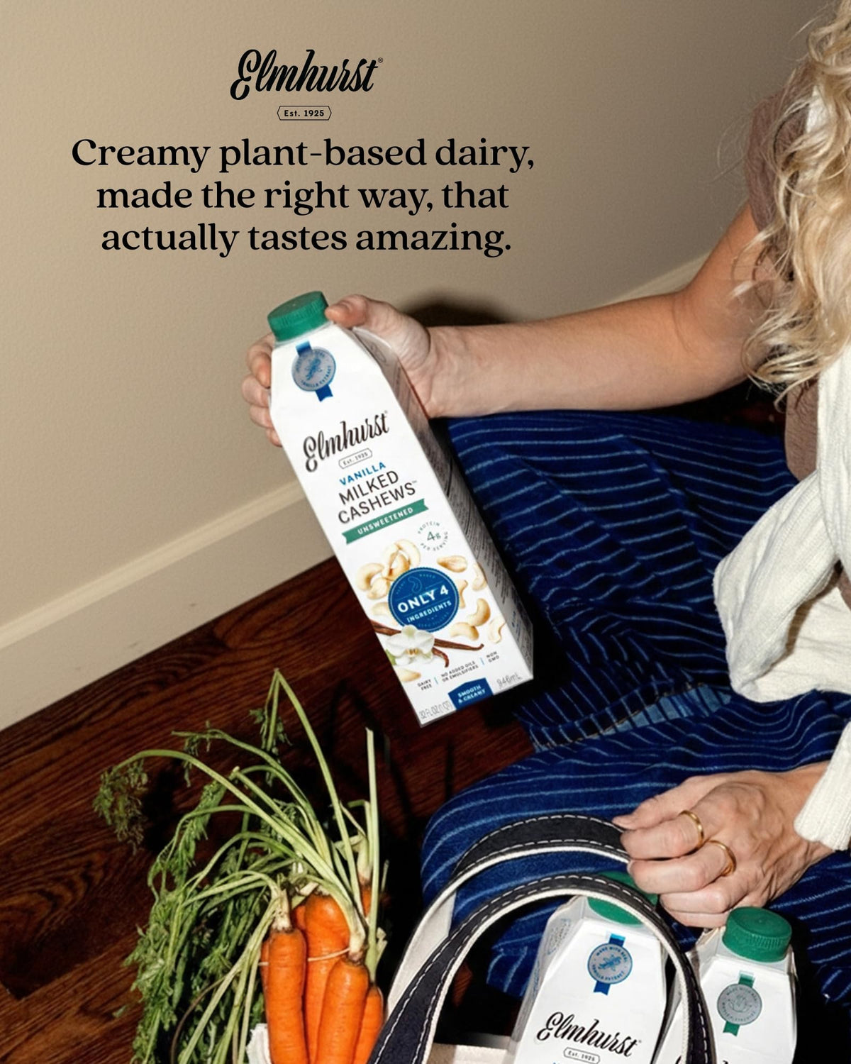 Elmhurst Vanilla Cashew Milk pouring into baked goods for extra moisture