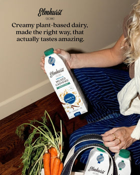 Elmhurst Vanilla Cashew Milk pouring into baked goods for extra moisture