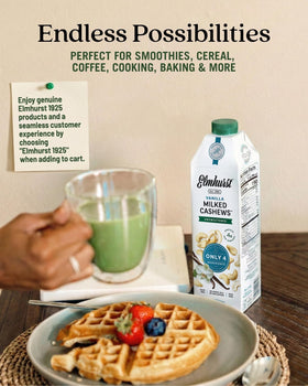 Elmhurst Vanilla Cashew Milk poured over cereal for a creamy breakfast