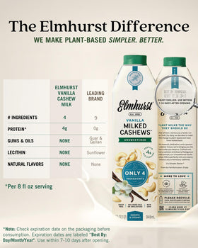 Elmhurst Vanilla Cashew Milk in a coffee cup suggesting barista-worthy foam