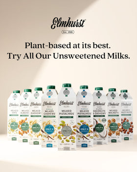 Elmhurst Vanilla Cashew Milk bottle on kitchen counter showcasing versatility