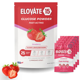 Elovate 15 fast acting glucose packets in strawberry flavor for quick energy.