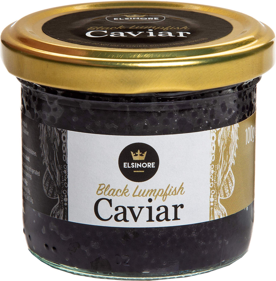 Elsinore Black Lumpfish Caviar 100g jar front for elegant dining occasions.