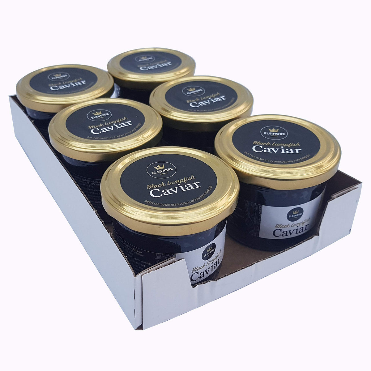 Close-up of Elsinore Black Lumpfish Caviar 100g jar label showing premium quality.