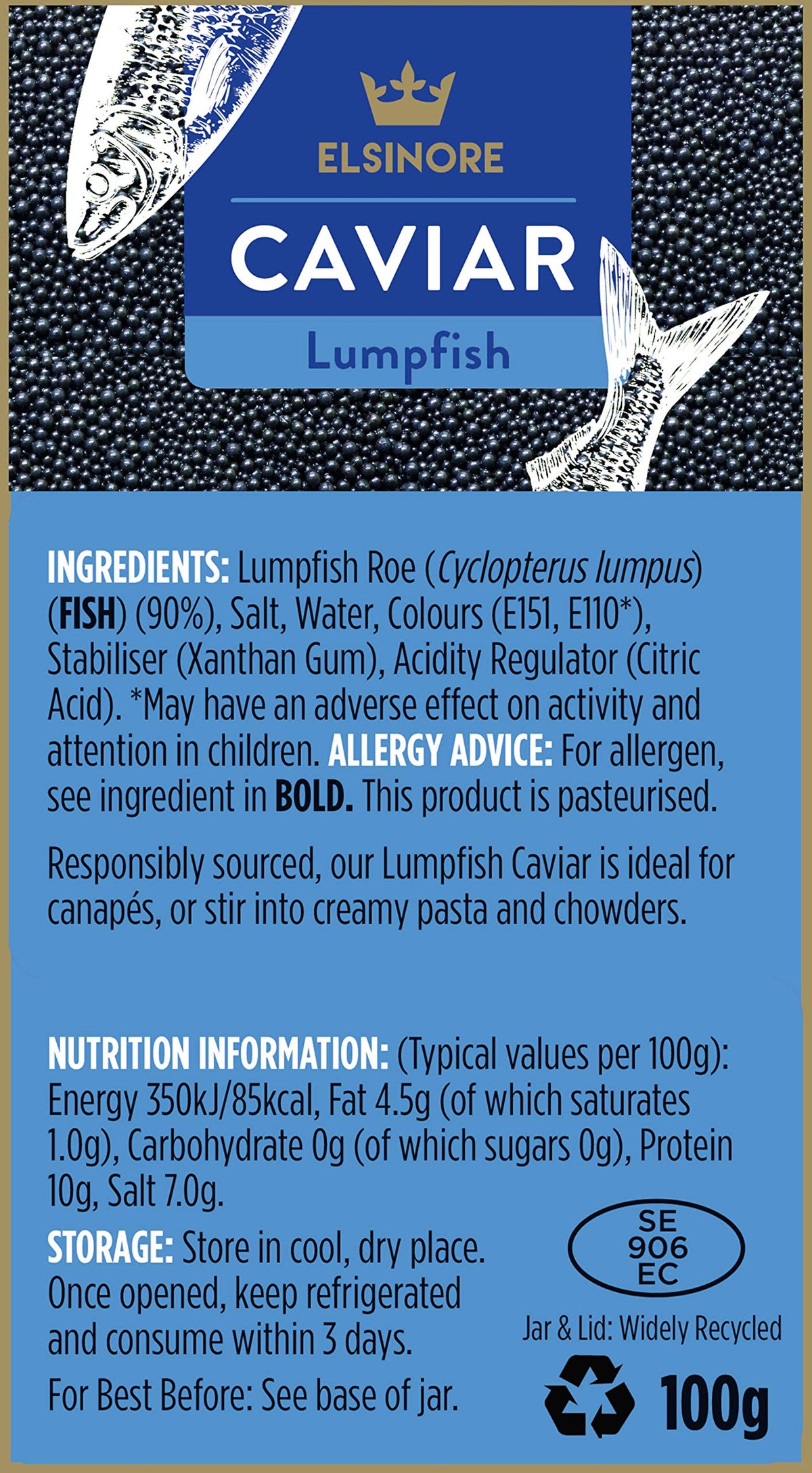 Packaging view of Elsinore Black Lumpfish Caviar 100g for gifting.